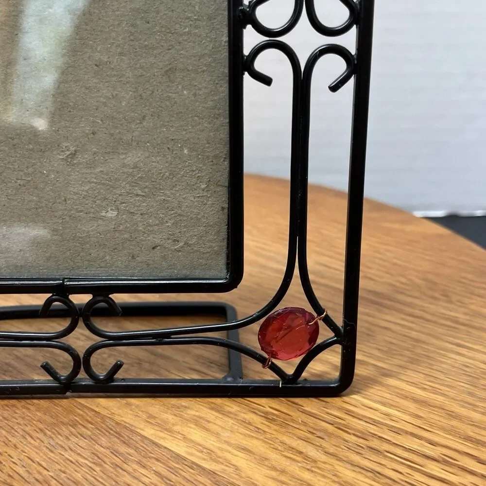 Vintage Black Scrollwork Metal Frame w/Translucent Red Gem Cabochons 3.5 x 5